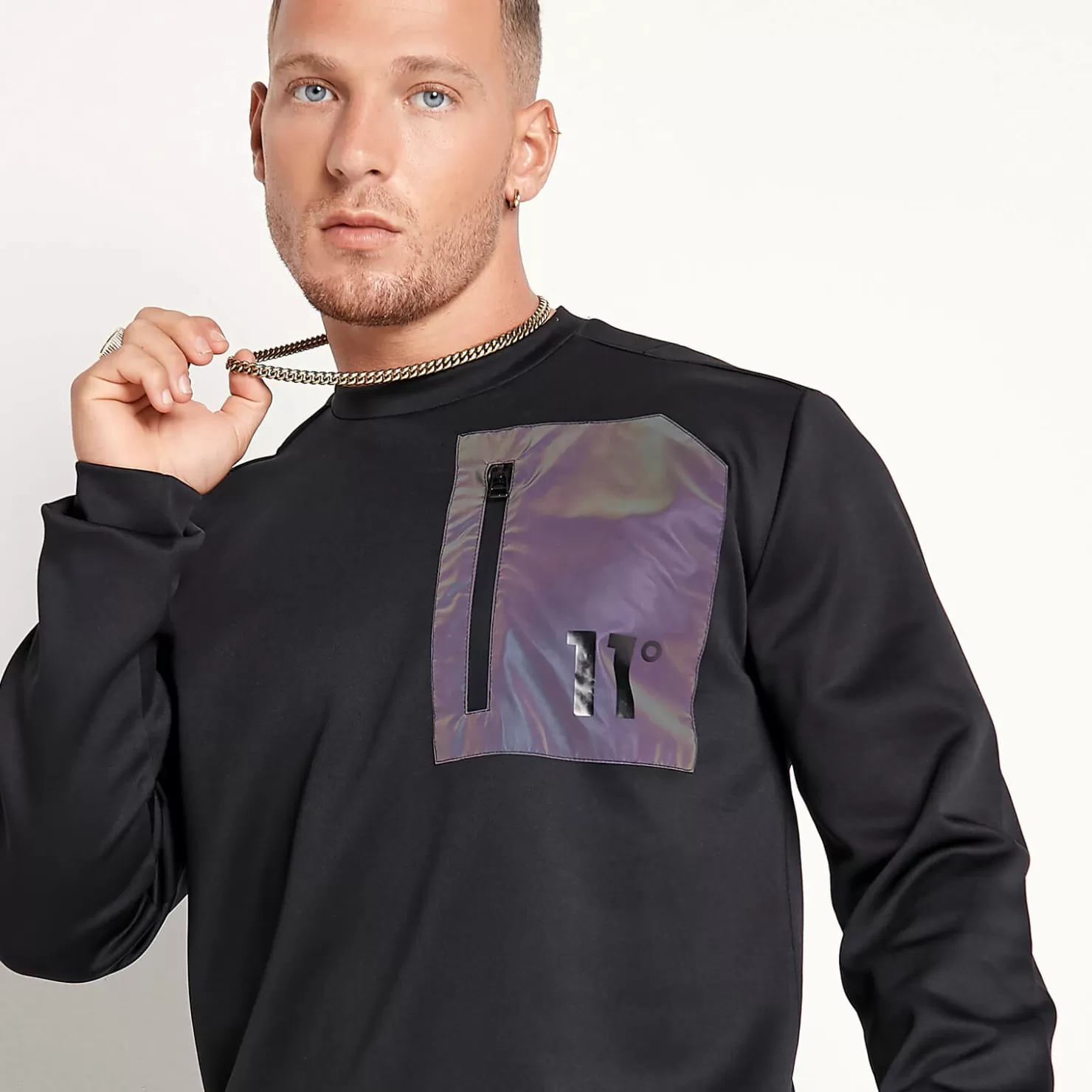 11 Degrees Tracksuits< Contrast Pocket Poly Top – Black / Iridescent Reflective