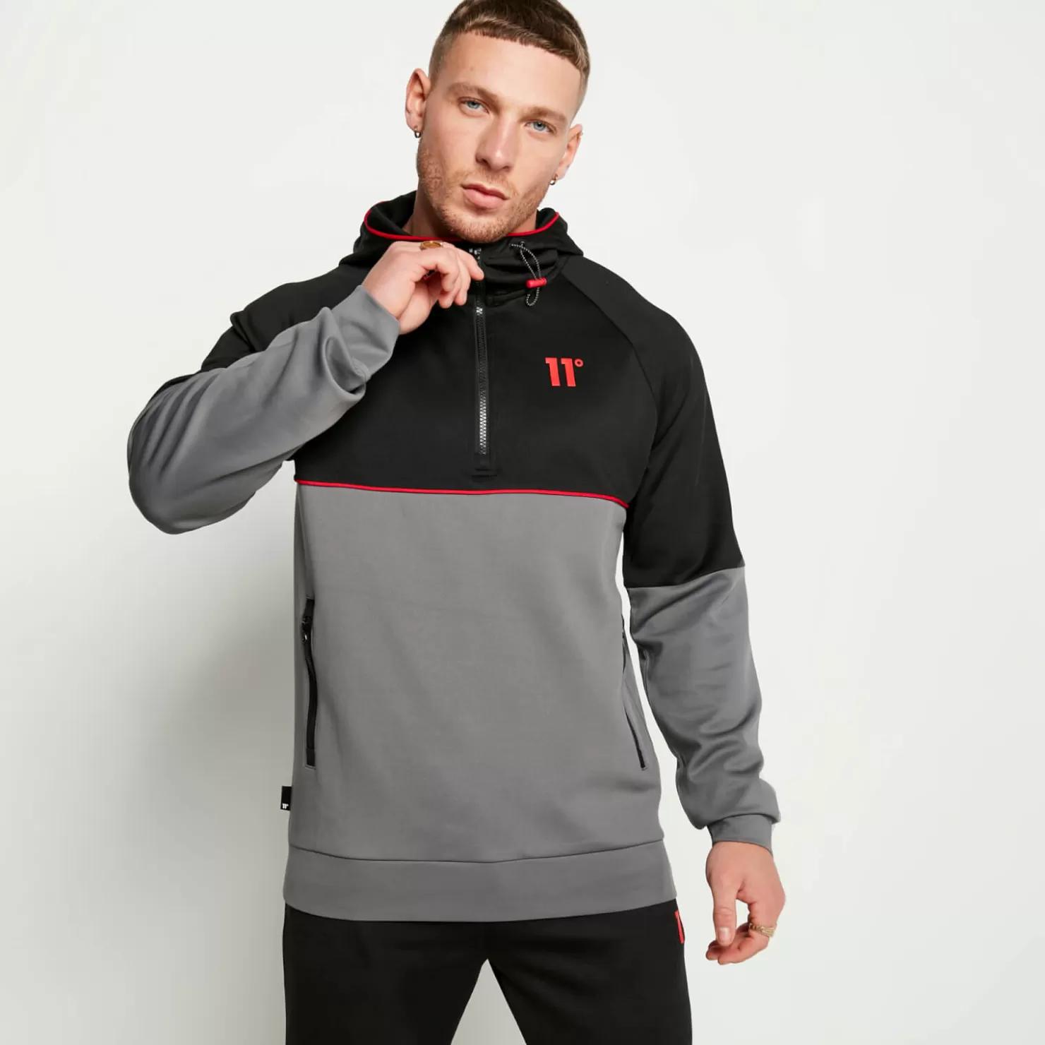 11 Degrees Tracksuits< Cut And Sew Piped Quarter Zip Track Top With Hood – Black/Charcoal/Ski Patrol Red