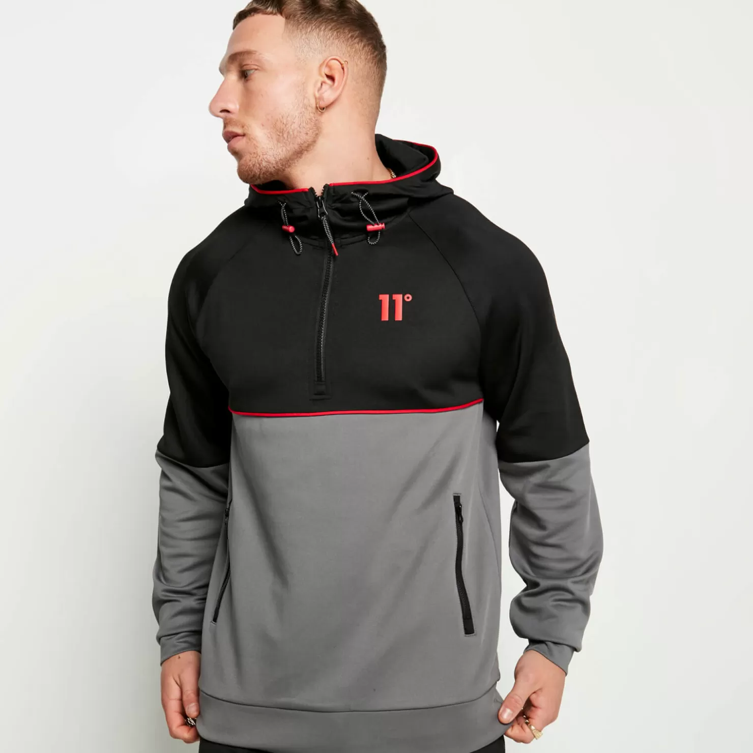 11 Degrees Tracksuits< Cut And Sew Piped Quarter Zip Track Top With Hood – Black/Charcoal/Ski Patrol Red