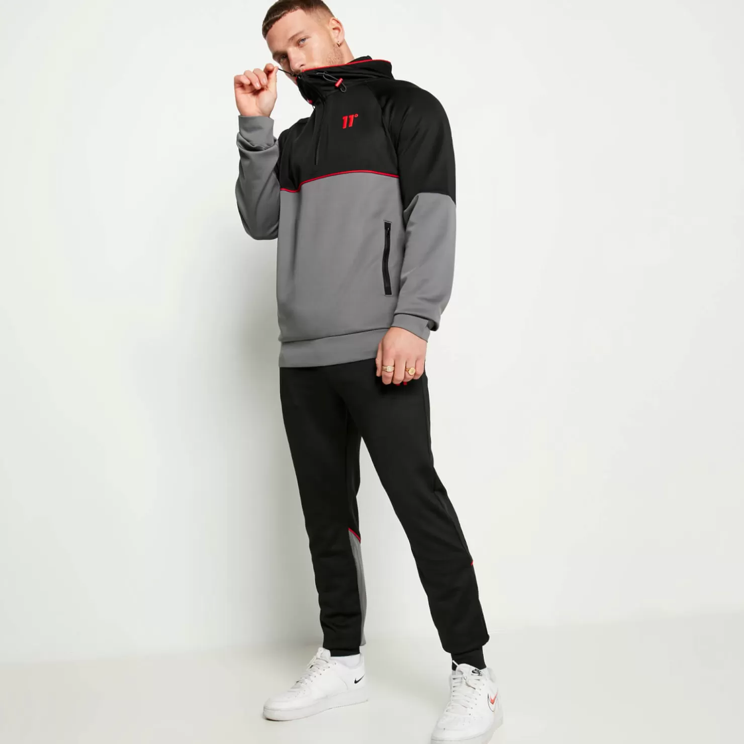 11 Degrees Tracksuits< Cut And Sew Piped Quarter Zip Track Top With Hood – Black/Charcoal/Ski Patrol Red