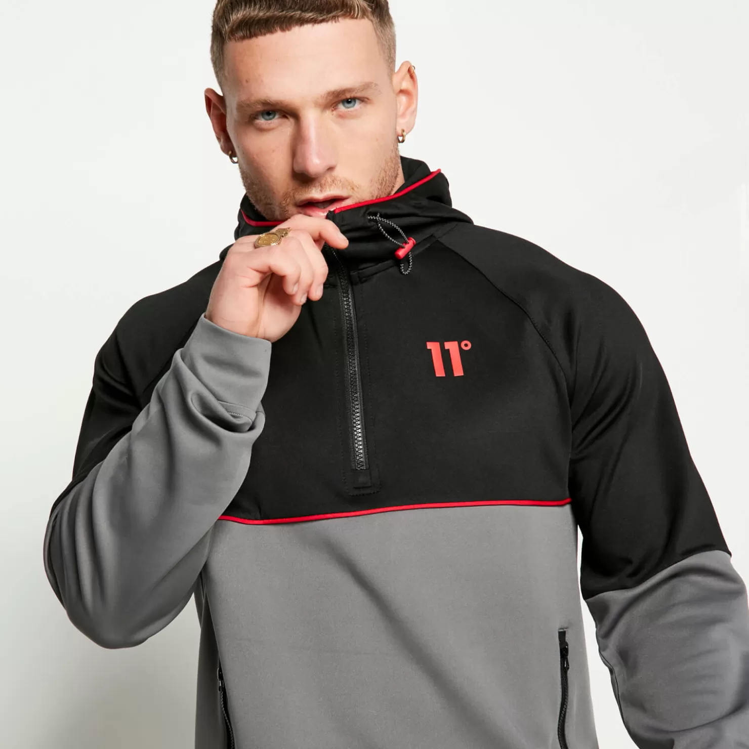11 Degrees Tracksuits< Cut And Sew Piped Quarter Zip Track Top With Hood – Black/Charcoal/Ski Patrol Red