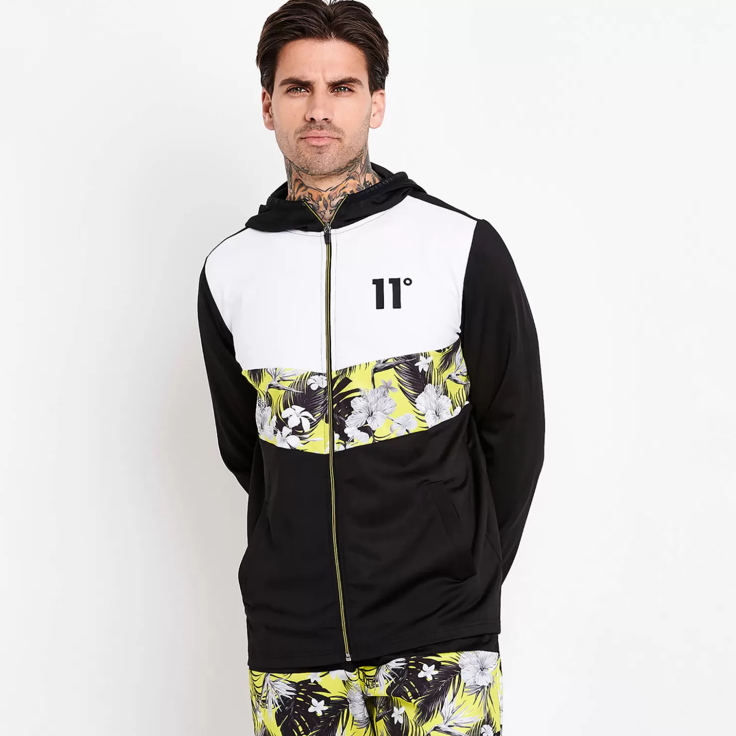 11 Degrees Tracksuits< Floral Chevron Cut And Sew Full Zip Poly Track Top With Hood – Black / White / Yellow