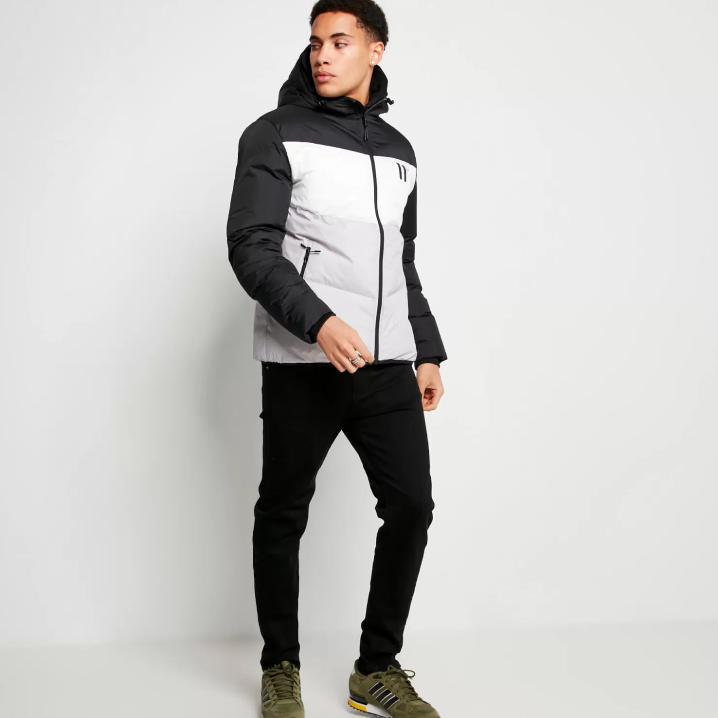 11 Degrees Jackets< Large Panelled Colour Block Puffer Jacket – Black/White/Vapour Grey