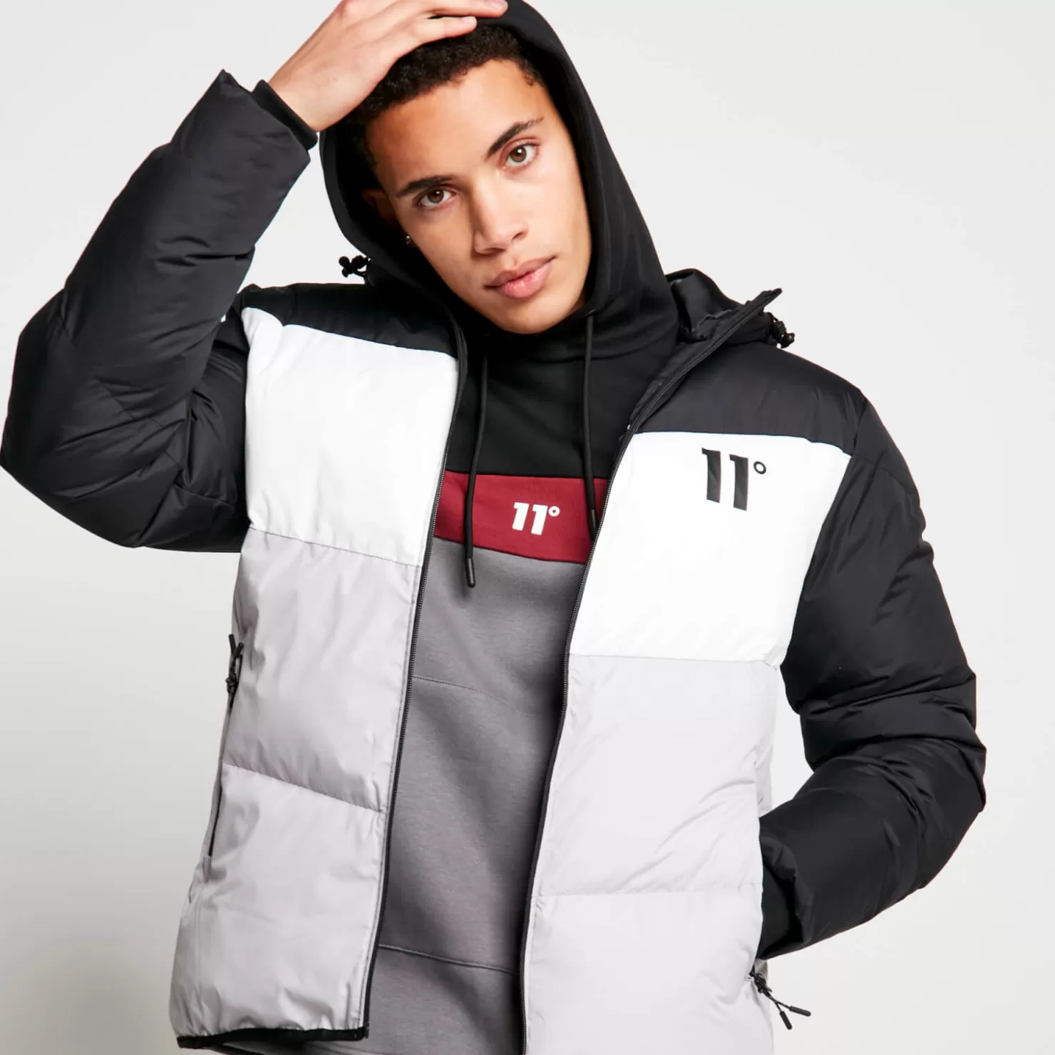 11 Degrees Jackets< Large Panelled Colour Block Puffer Jacket – Black/White/Vapour Grey