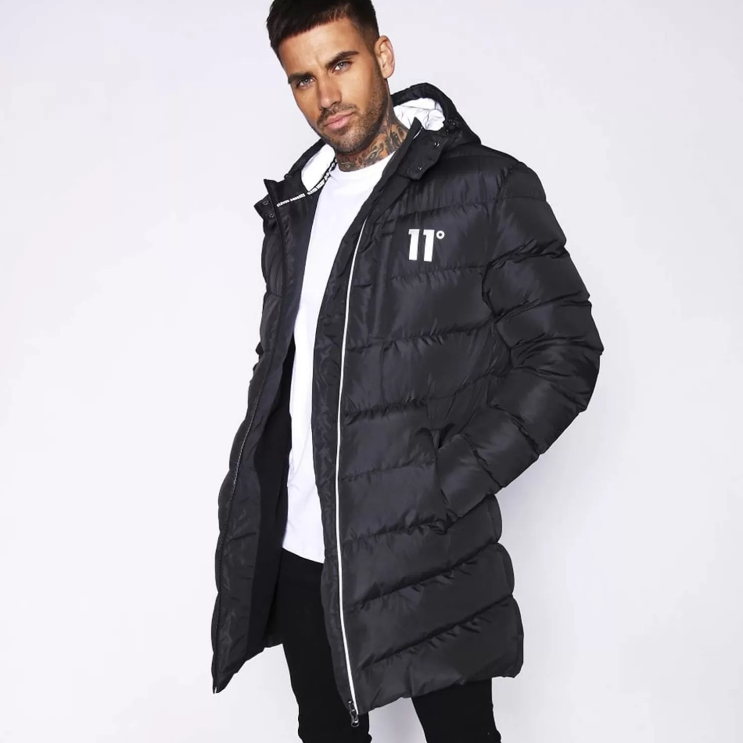 11 Degrees Jackets< Long Line Chevron Puffer – Black