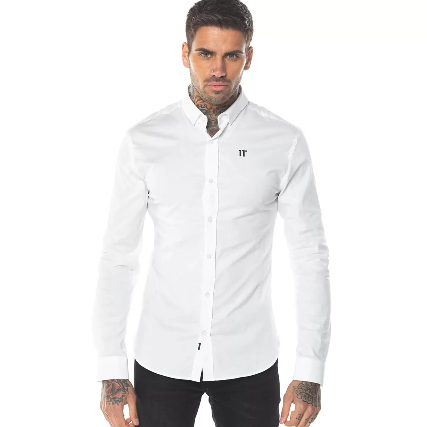 11 Degrees Shirts< Long Sleeve Contrast Logo Shirt – White