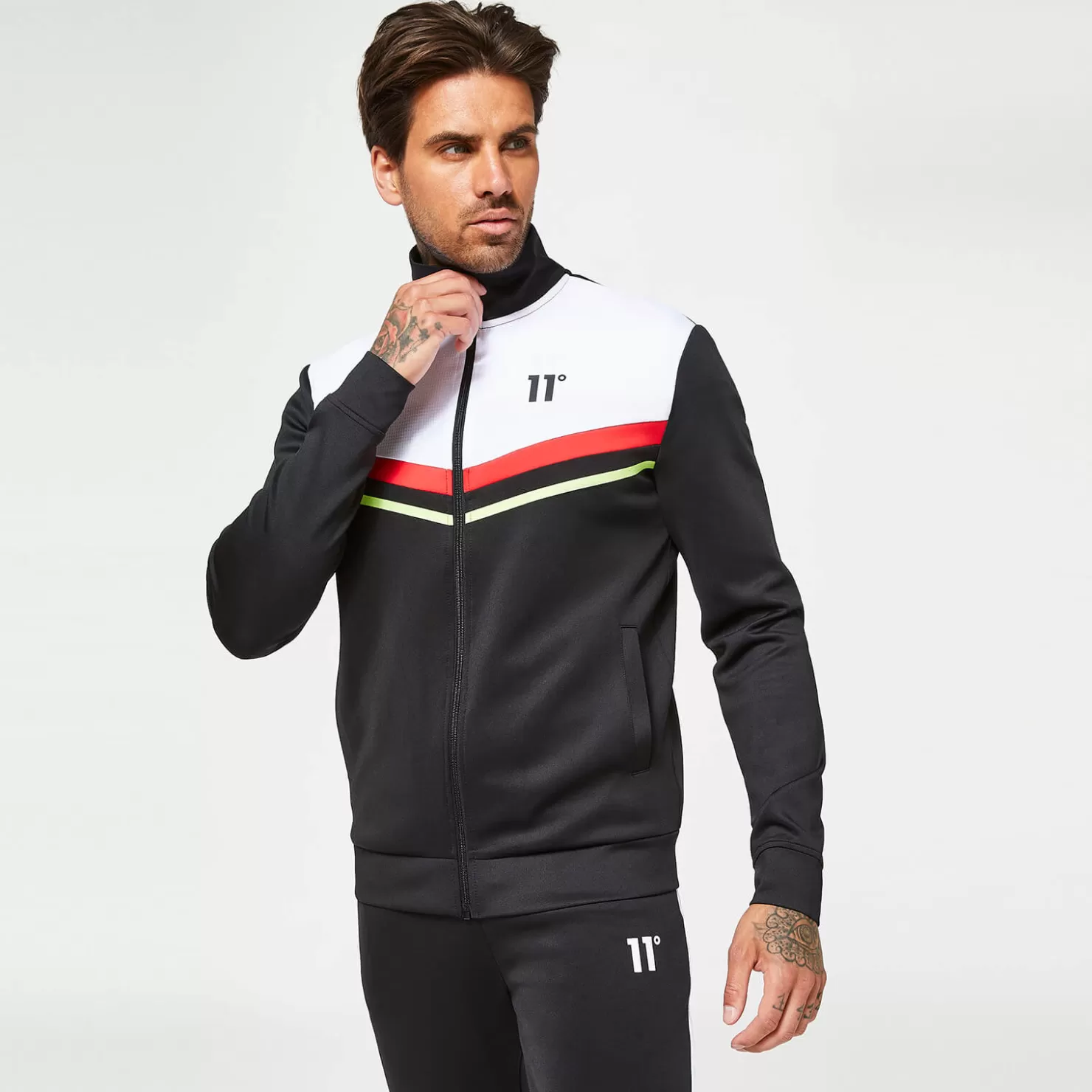 11 Degrees Tracksuits< Men'S Colour Block Mesh Insert Track Top - Black/White/Raspberry Red/Sharp Green