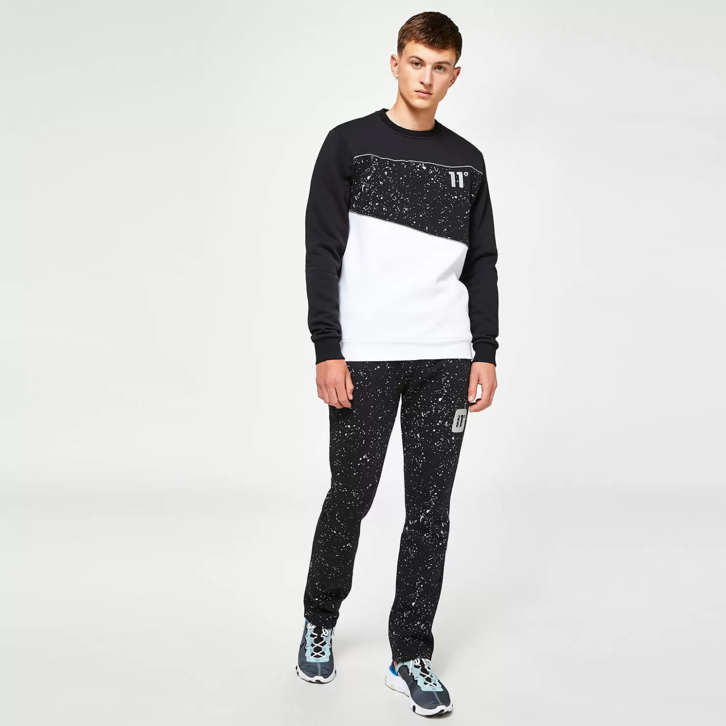 11 Degrees Sweatshirts< Men'S Splatter Print Piped Cut & Sew Sweatshirt - White/Black/Reflective