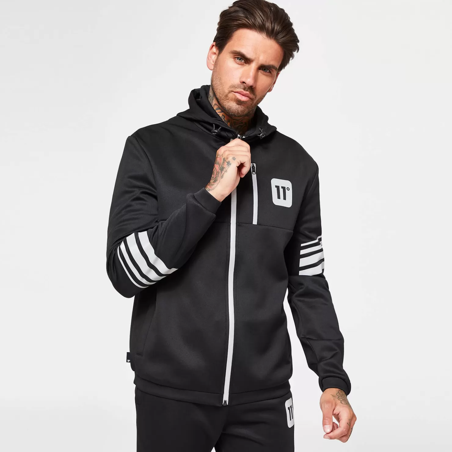 11 Degrees Tracksuits< Men'S Stripe Print Track Top With Hood - Black/Silver Reflective