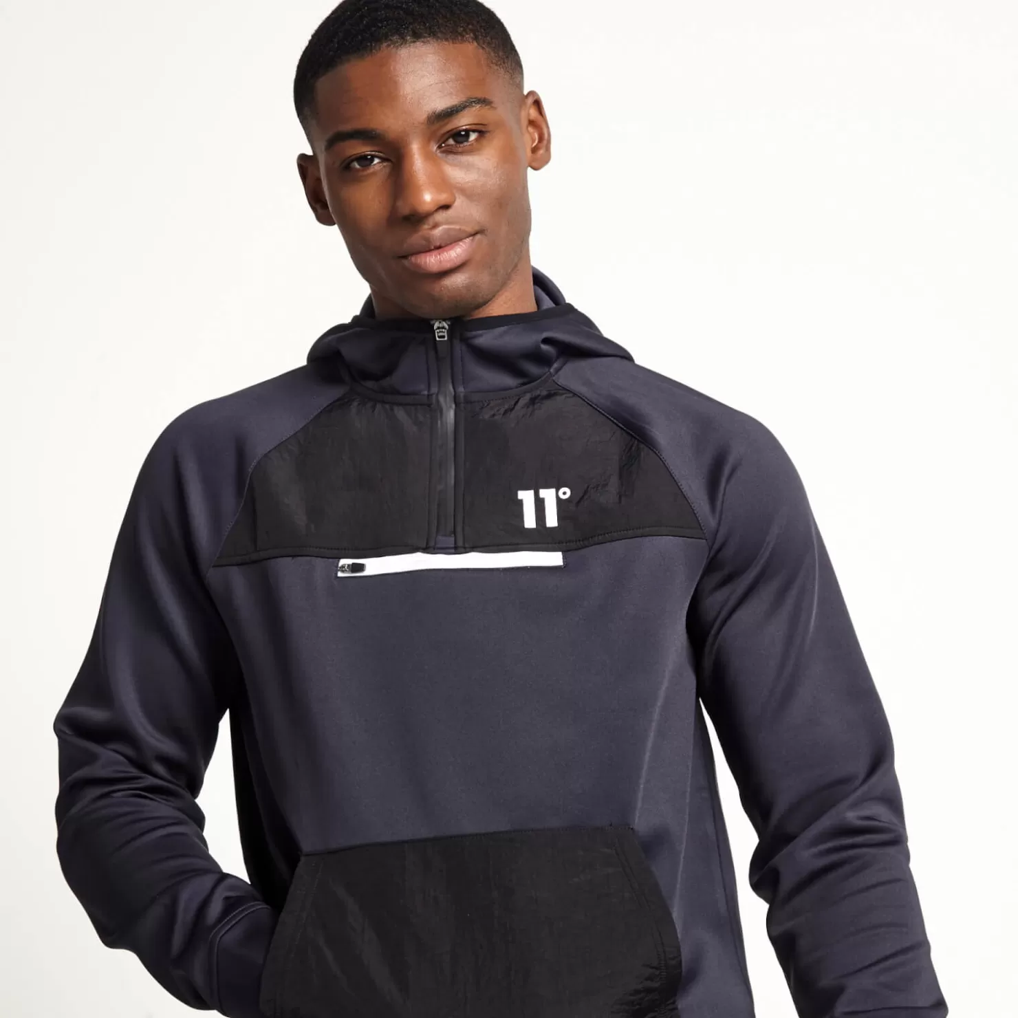 11 Degrees Tracksuits< Mixed Fabric Quarter Zip Track Top With Hood – Navy/Black