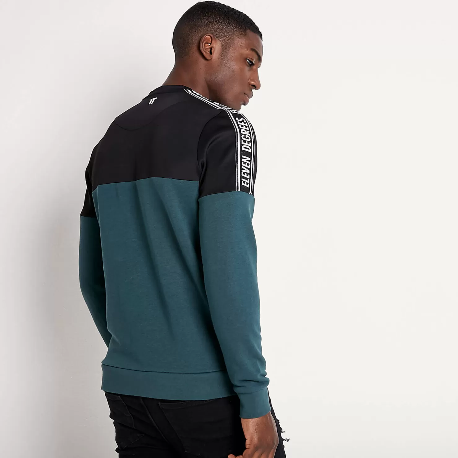 11 Degrees Sweatshirts< Mixed Fabric Taped Sweatshirt – Darkest Spruce Green / Black / White