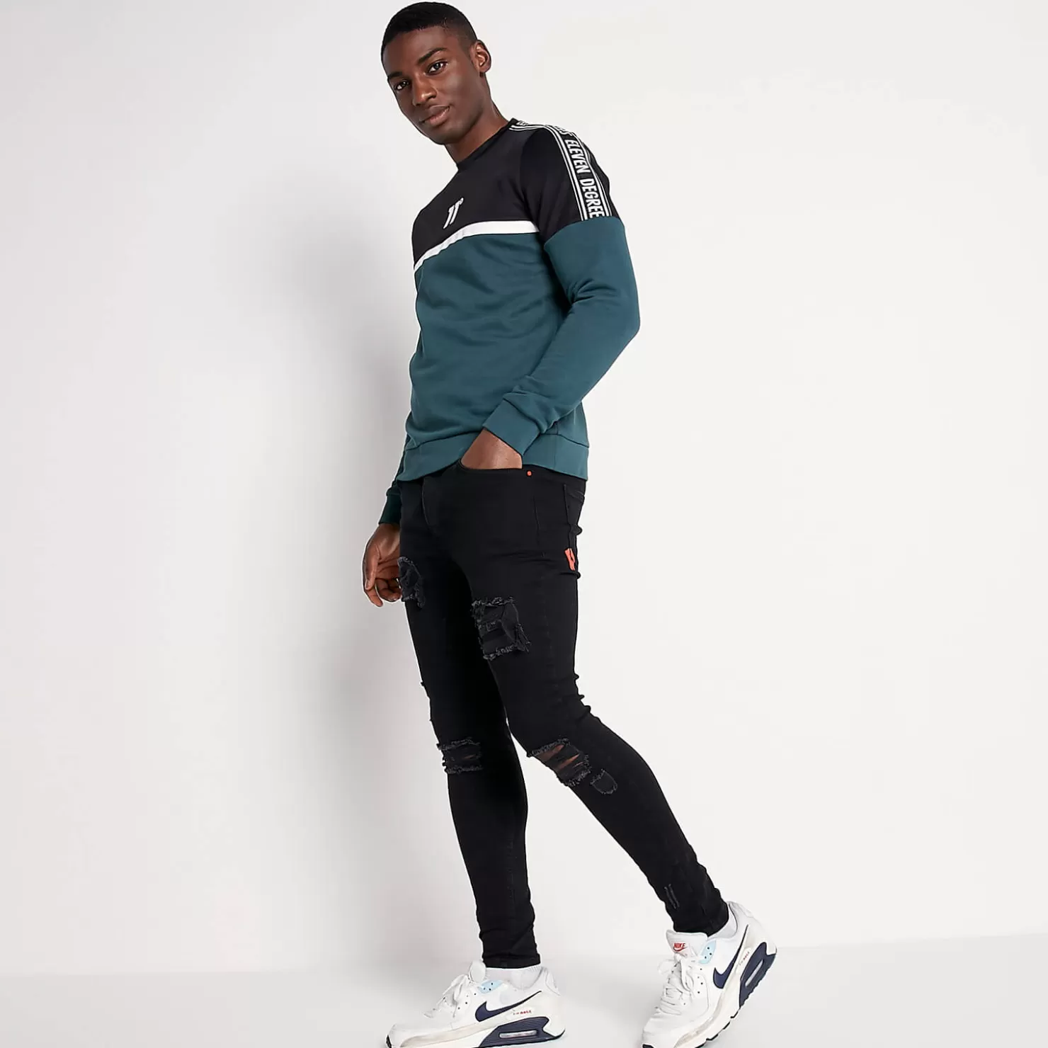11 Degrees Sweatshirts< Mixed Fabric Taped Sweatshirt – Darkest Spruce Green / Black / White