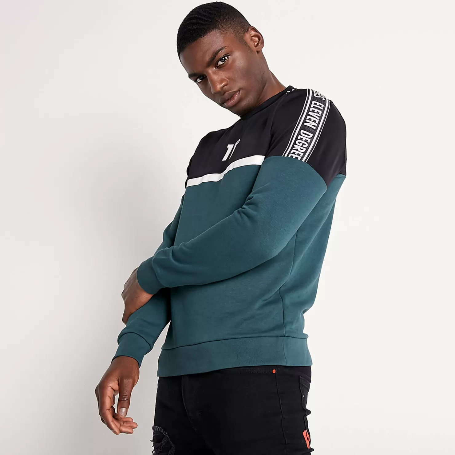 11 Degrees Sweatshirts< Mixed Fabric Taped Sweatshirt – Darkest Spruce Green / Black / White