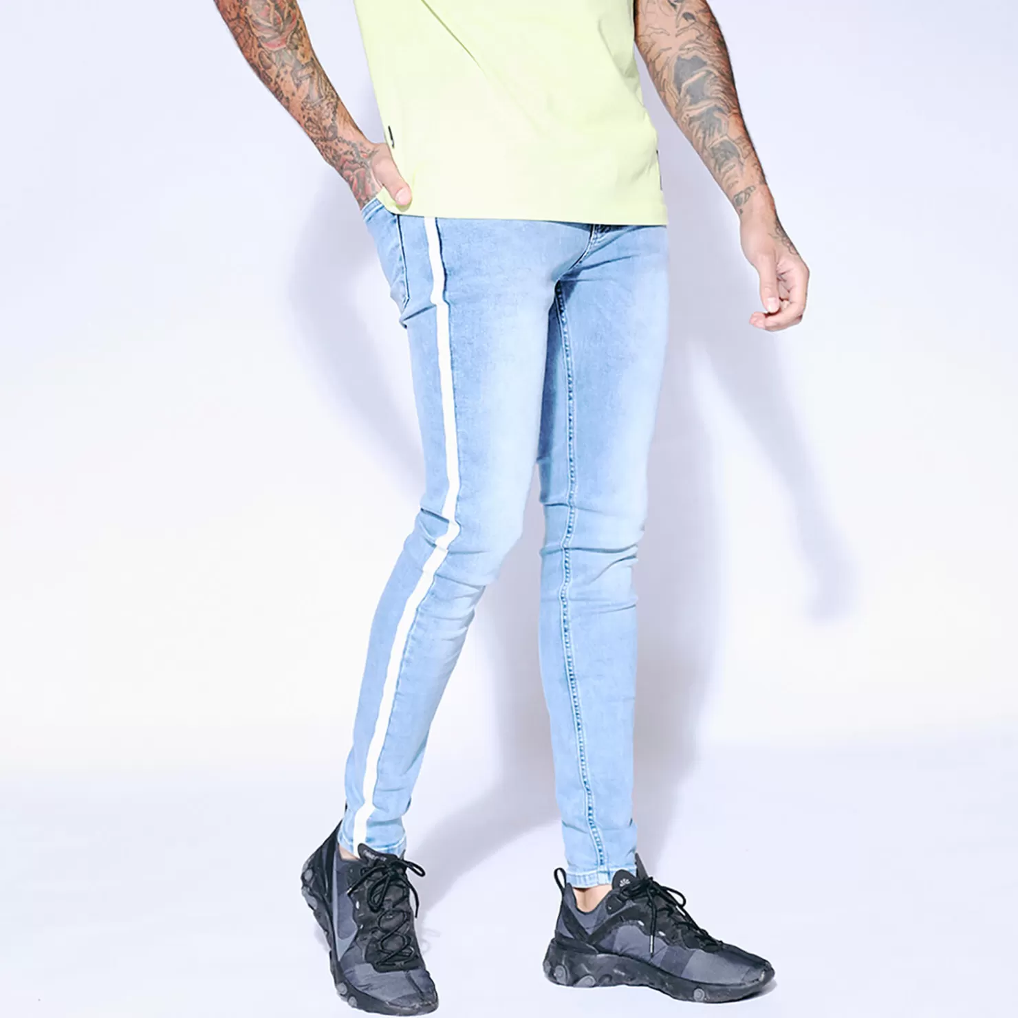 11 Degrees Jeans< Side Print Stripe Jeans Skinny Fit – Mid Blue Wash
