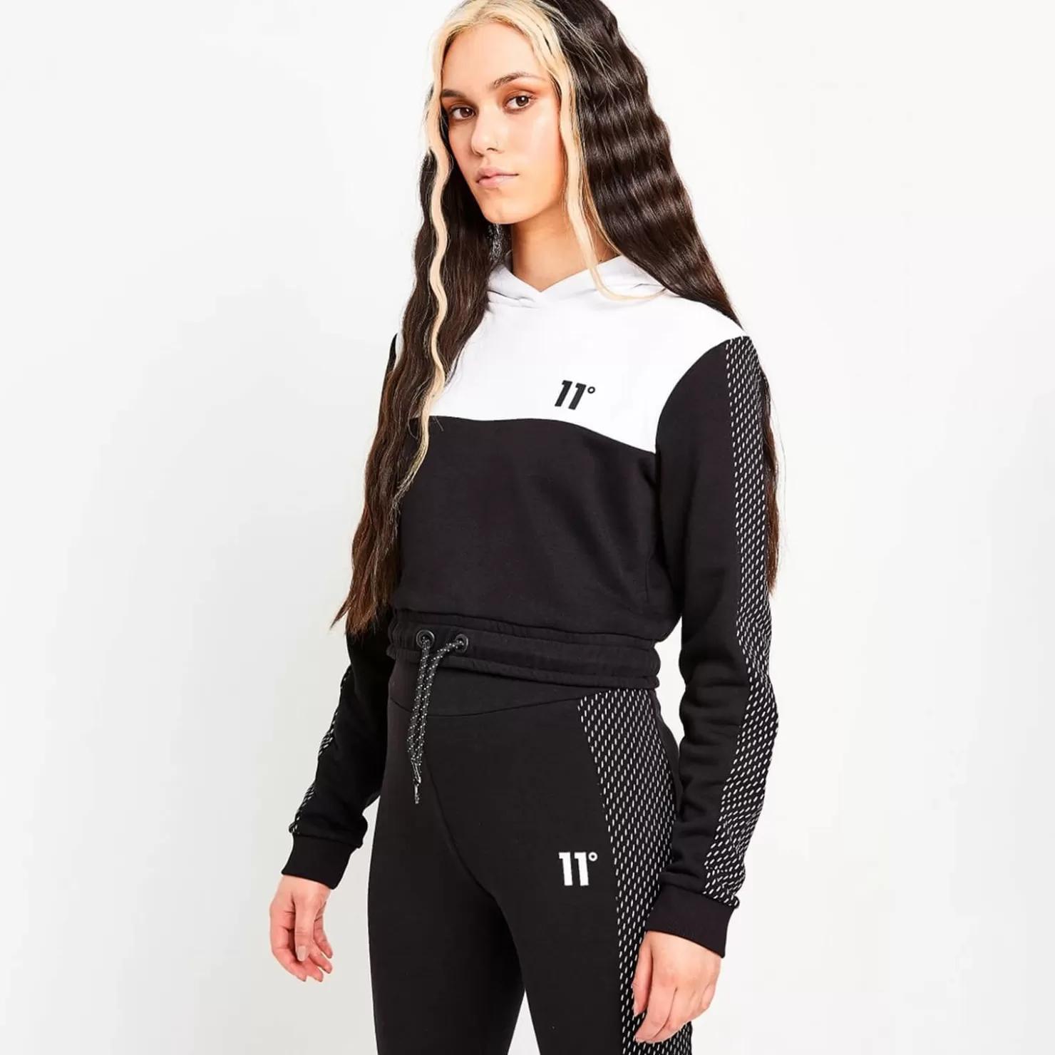 11 Degrees Hoodies< Womens Mesh Cut And Sew Cropped Pullover Hoodie – Black / White