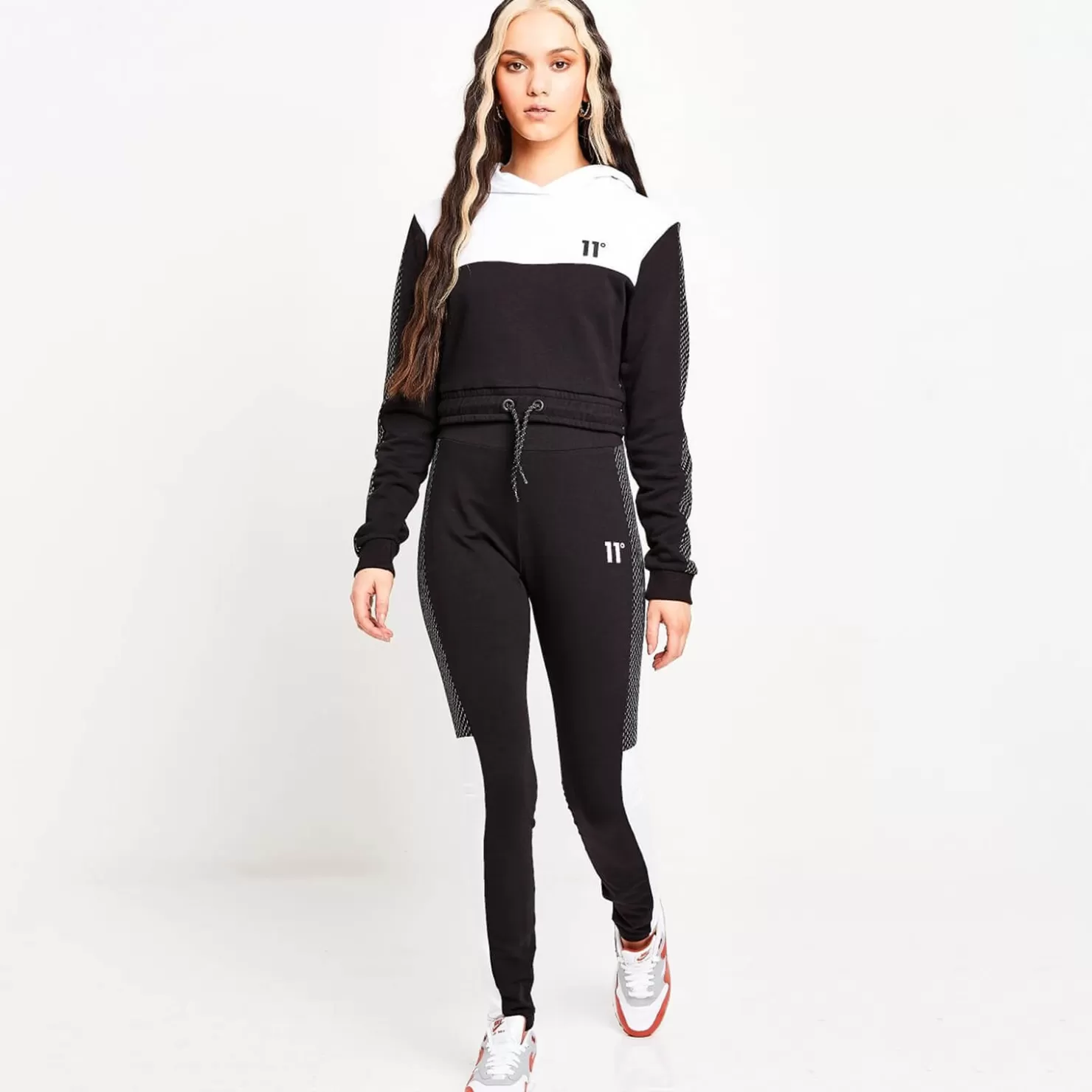 11 Degrees Hoodies< Womens Mesh Cut And Sew Cropped Pullover Hoodie – Black / White