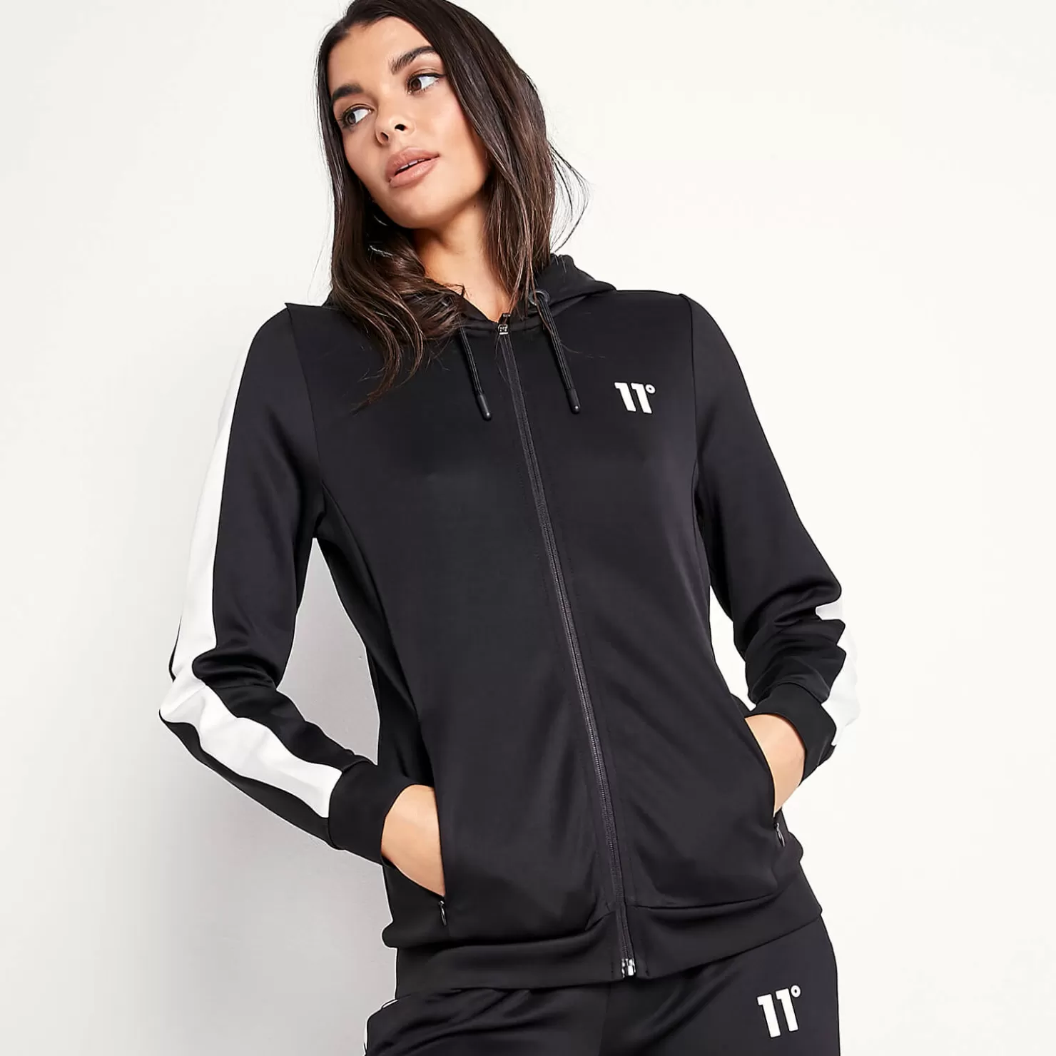 11 Degrees Hoodies< Womens Panel Poly Track Top With Hood – Black