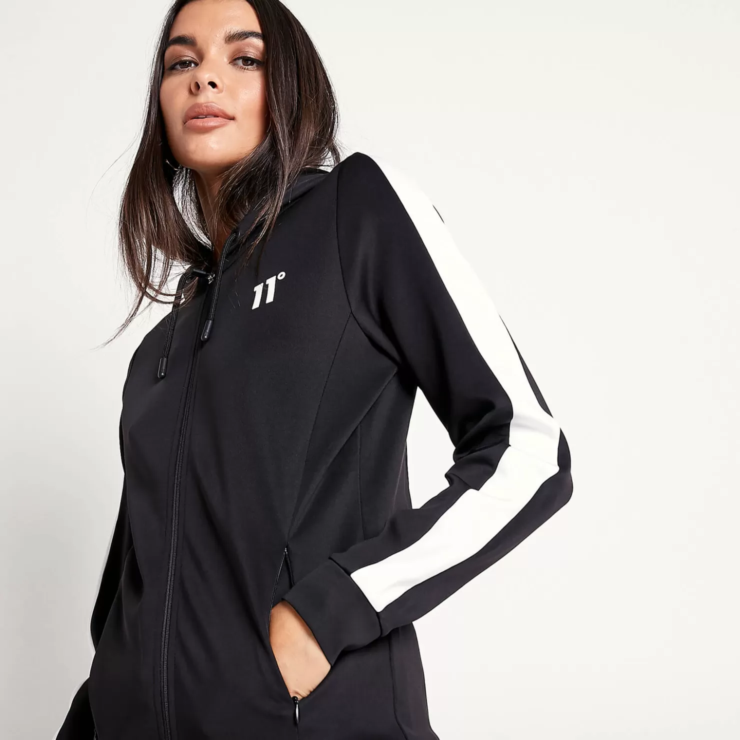 11 Degrees Hoodies< Womens Panel Poly Track Top With Hood – Black