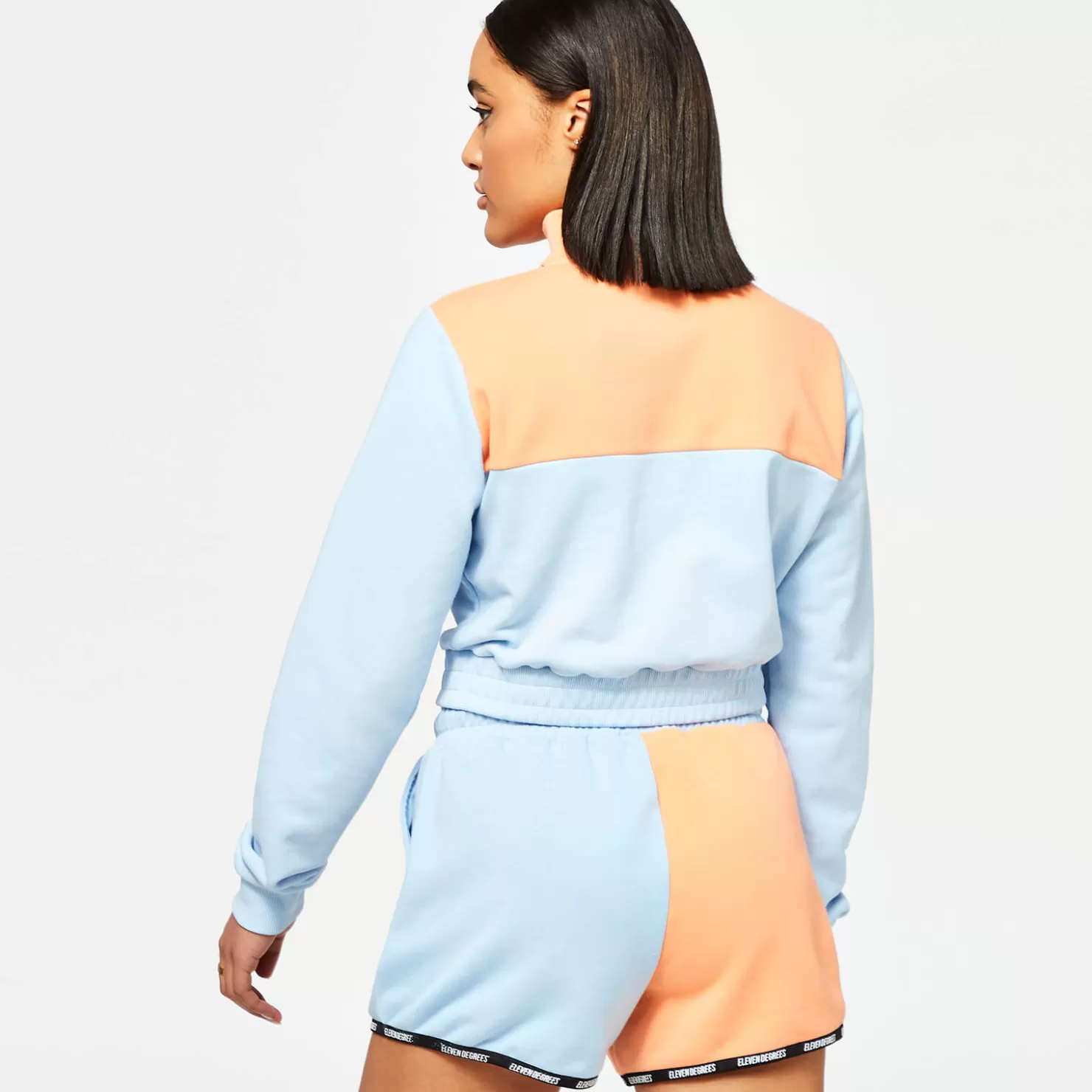 11 Degrees Sweatshirts< Womens Taped Colour Block Cropped Quarter-Zip Sweatshirt – Baby Blue / Coral