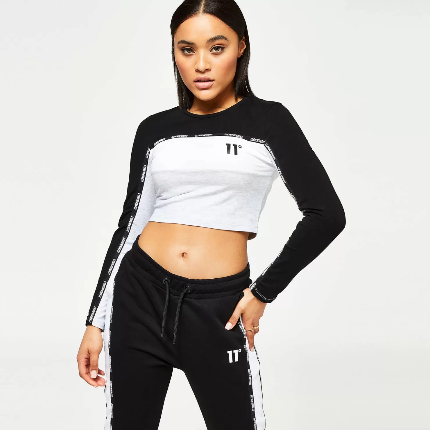 11 Degrees T-Shirts< Womens Taped Cut And Sew Cropped Long Sleeve Slim Fit T-Shirt – Grey Marl / Black / White