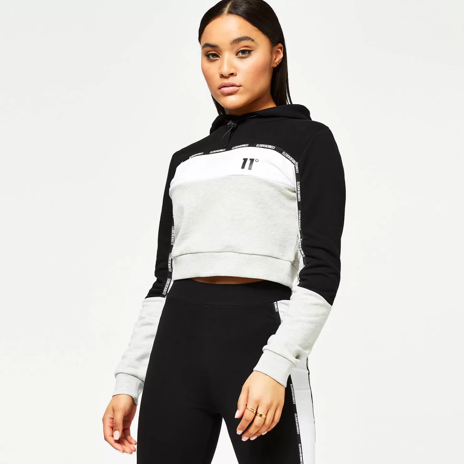 11 Degrees Hoodies< Womens Taped Cut And Sew Cropped Pullover Hoodie – Grey Marl / Black / White
