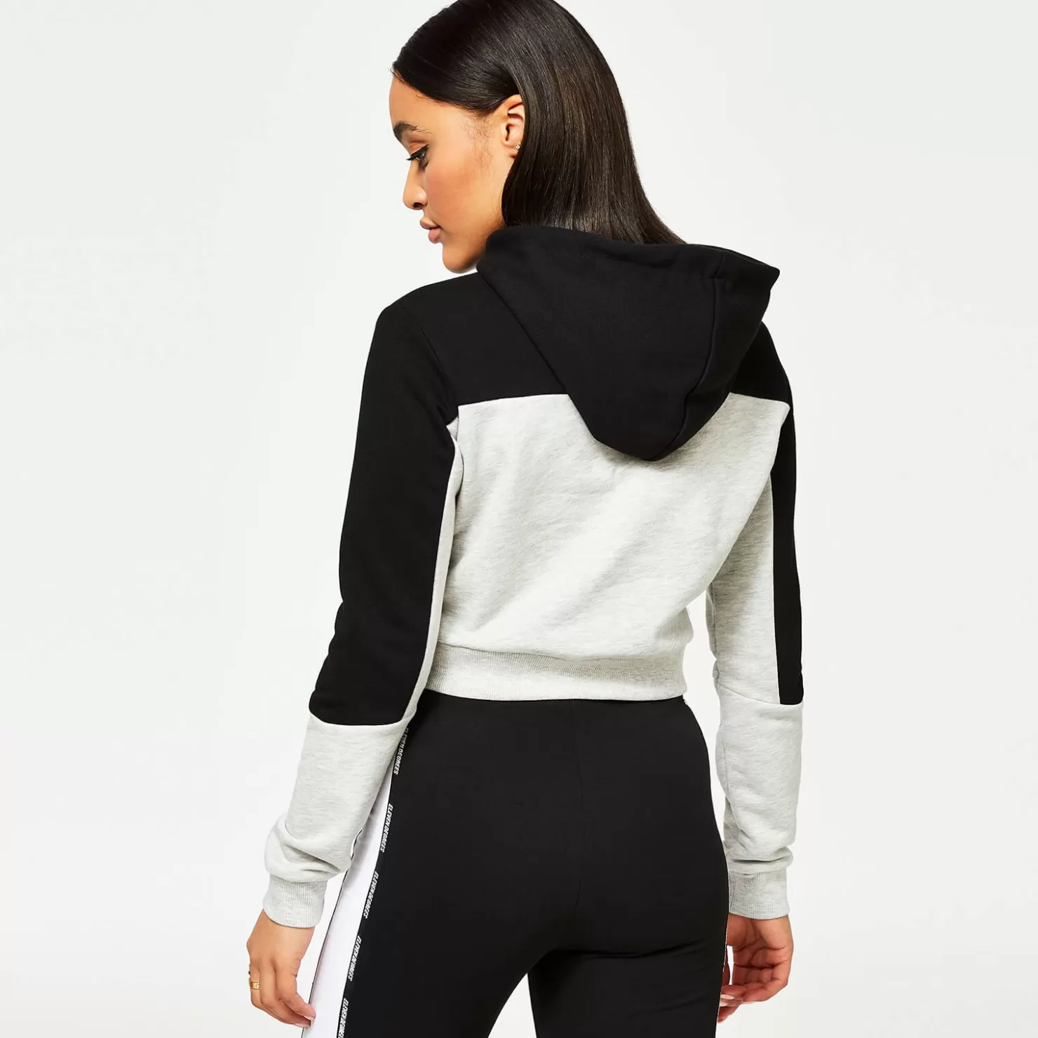 11 Degrees Hoodies< Womens Taped Cut And Sew Cropped Pullover Hoodie – Grey Marl / Black / White