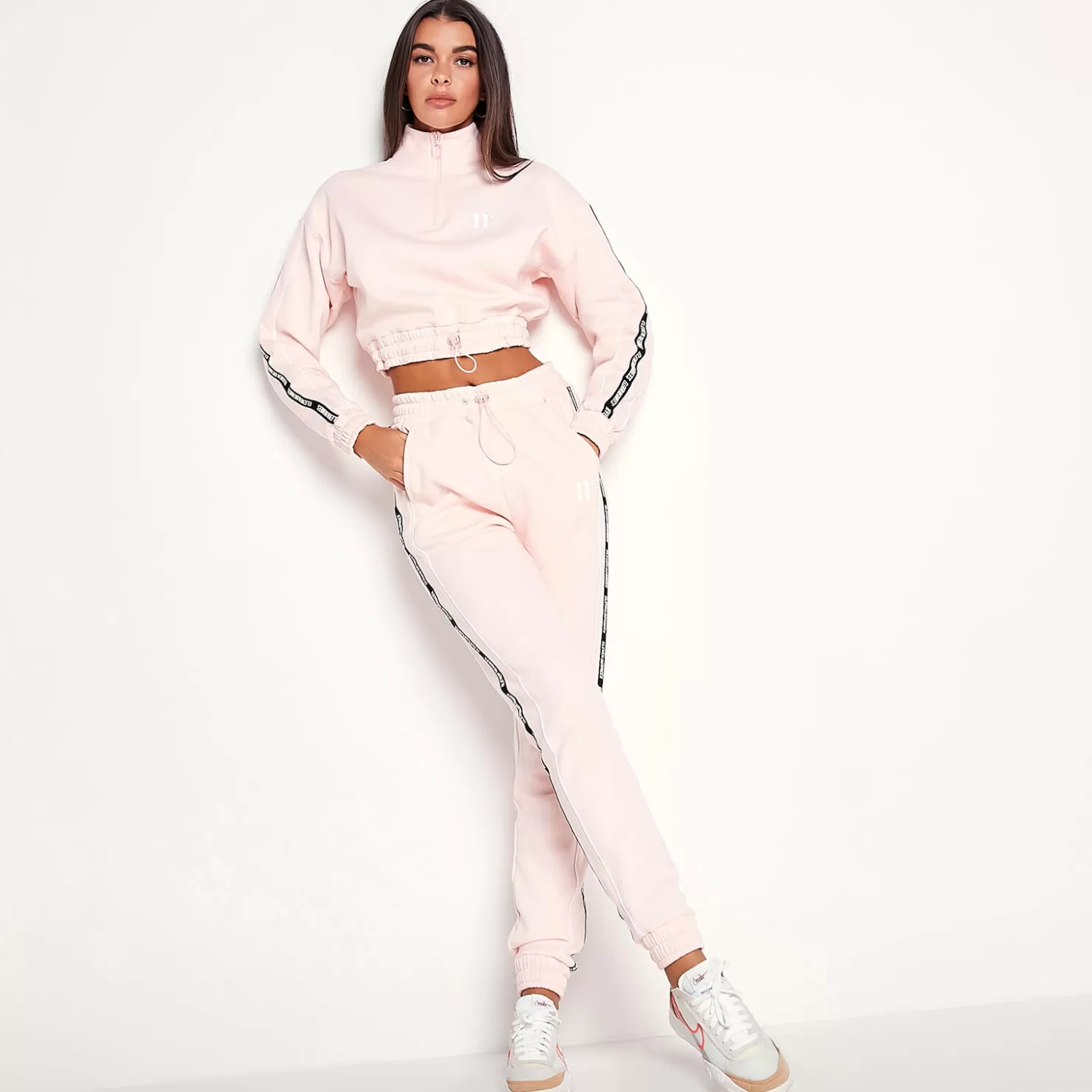 11 Degrees Sweatshirts< Womens Taped Quarter Zip Cropped Sweatshirt – Chalk Pink