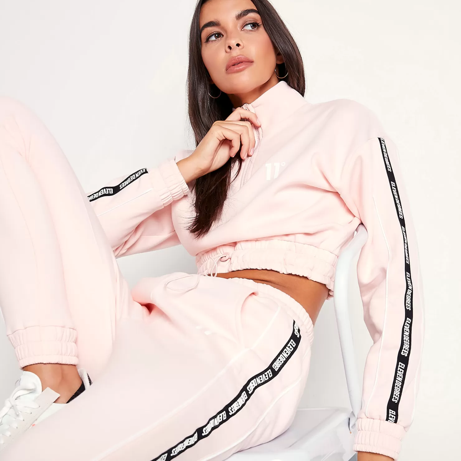 11 Degrees Sweatshirts< Womens Taped Quarter Zip Cropped Sweatshirt – Chalk Pink