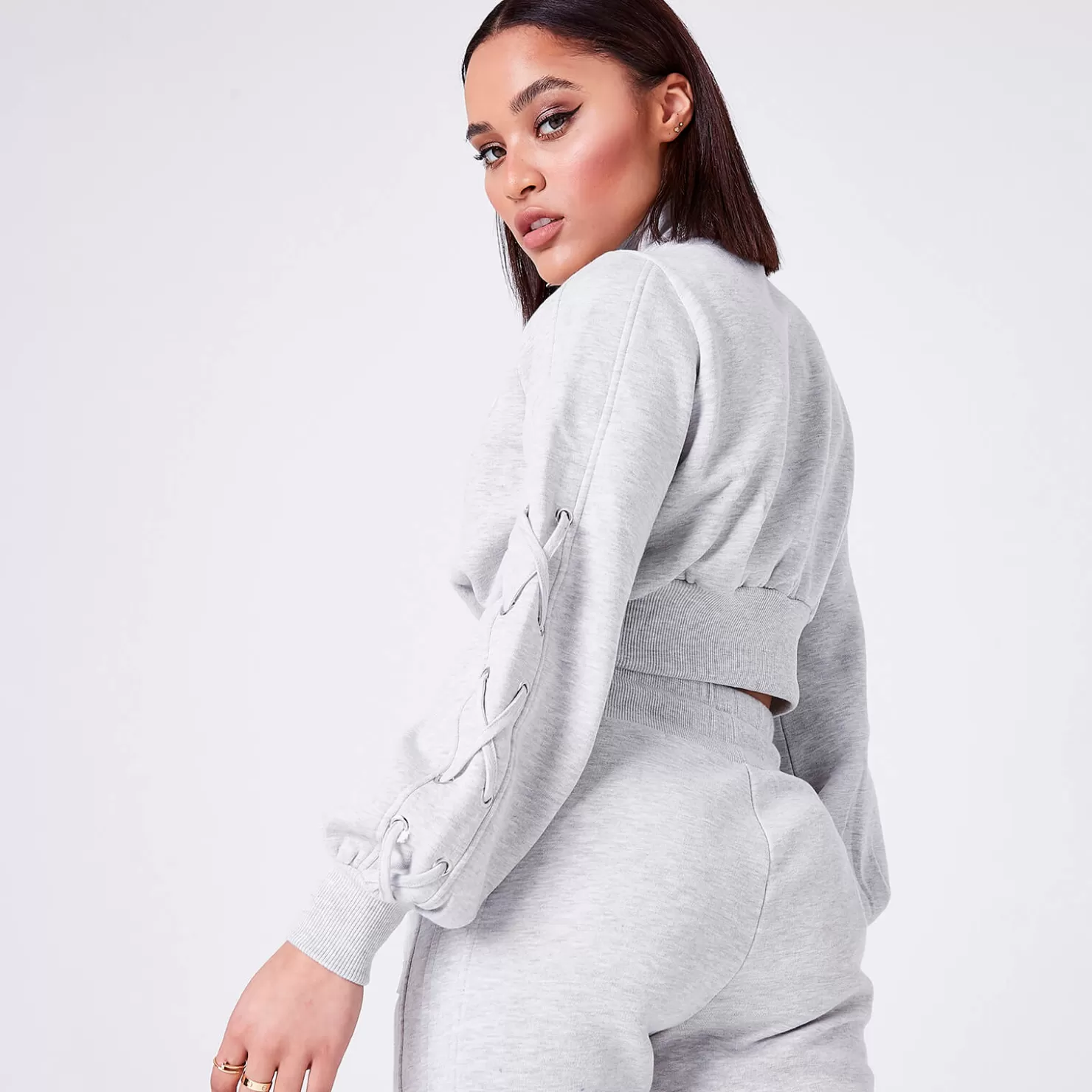 11 Degrees Sweatshirts< Womens Volume Sleeve Lace Up Detail Cropped Quarter Zip Sweatshirt – Grey Marl