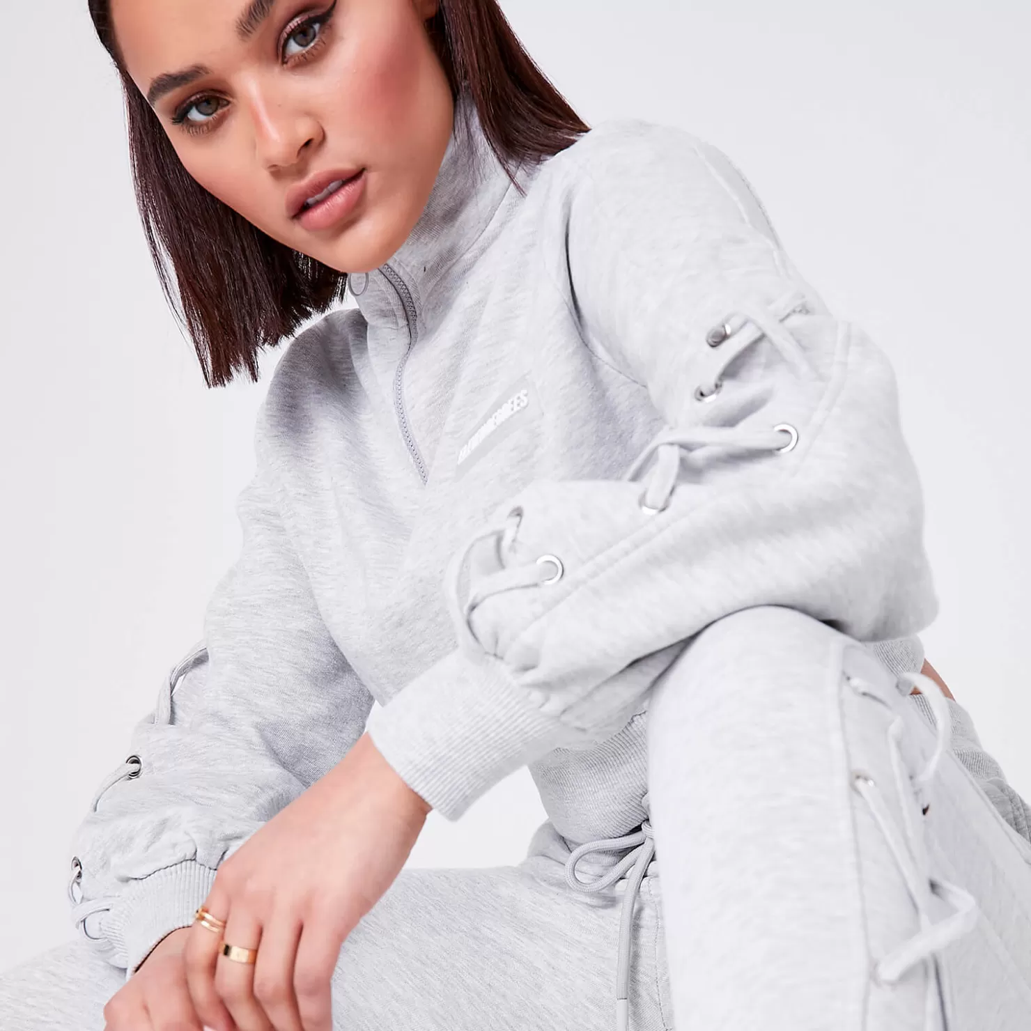 11 Degrees Sweatshirts< Womens Volume Sleeve Lace Up Detail Cropped Quarter Zip Sweatshirt – Grey Marl