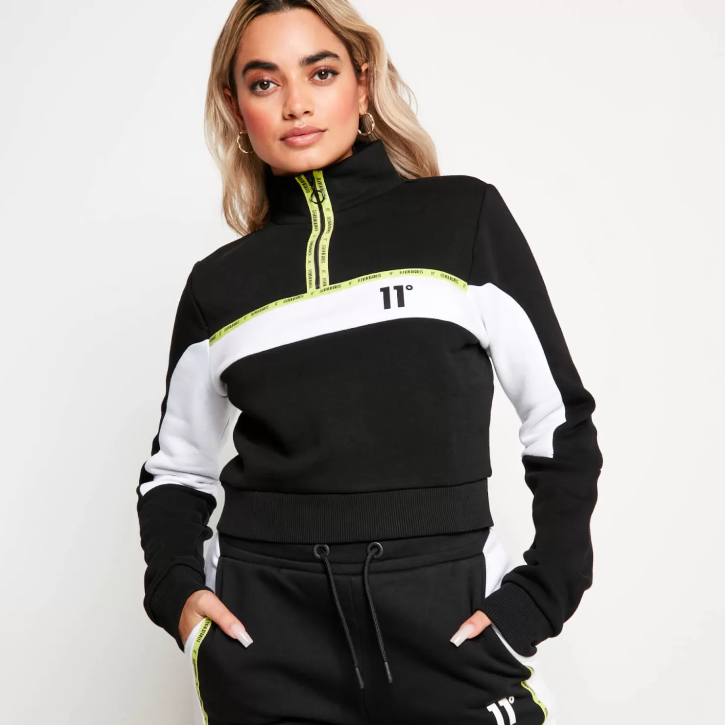 11 Degrees Sweatshirts<Micro Taped Cut And Sew Cropped Zip Sweatshirt – Black/White