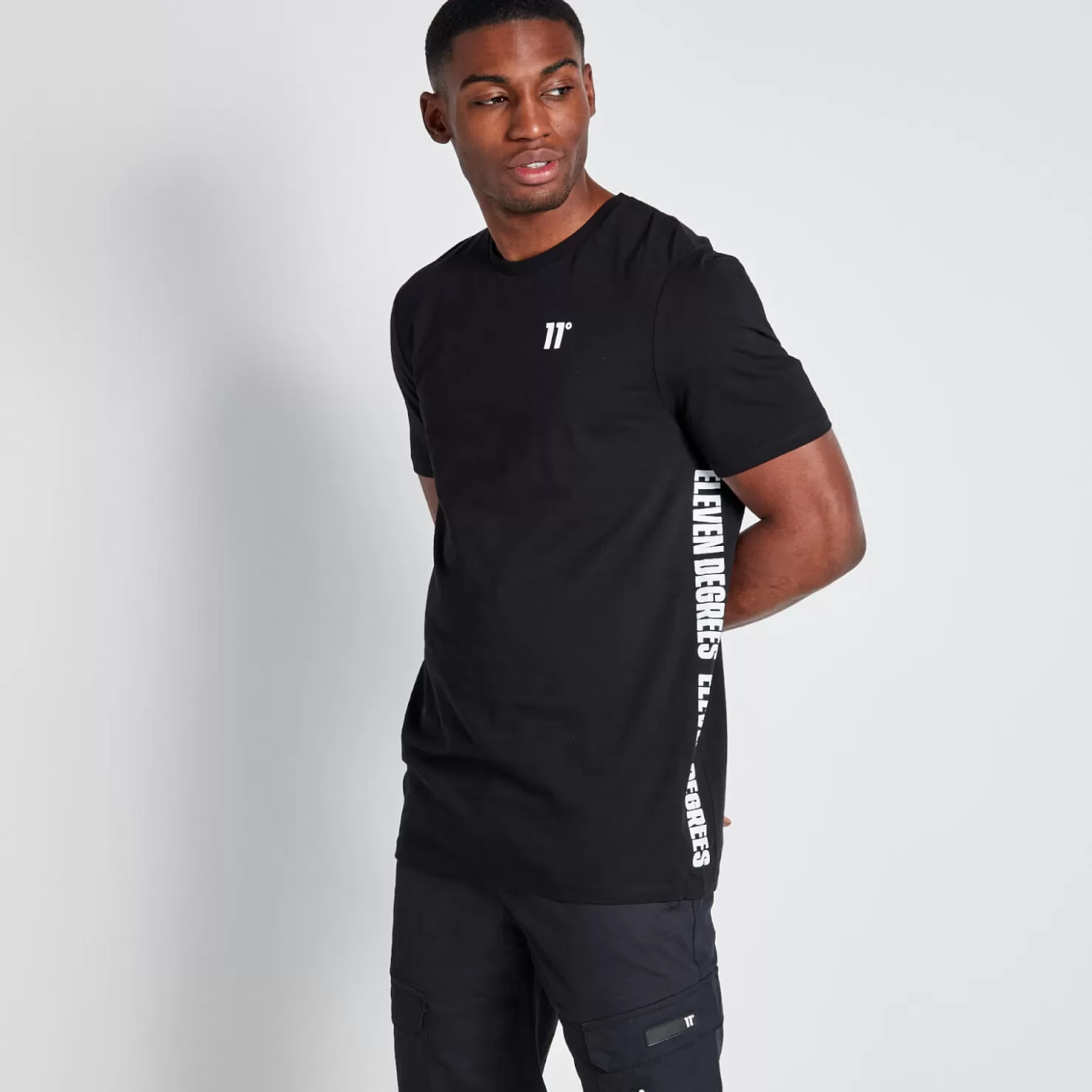 11 Degrees T-Shirts&lt;Tall Text Panel Cut And Sew Short Sleeve T-Shirt – Black
