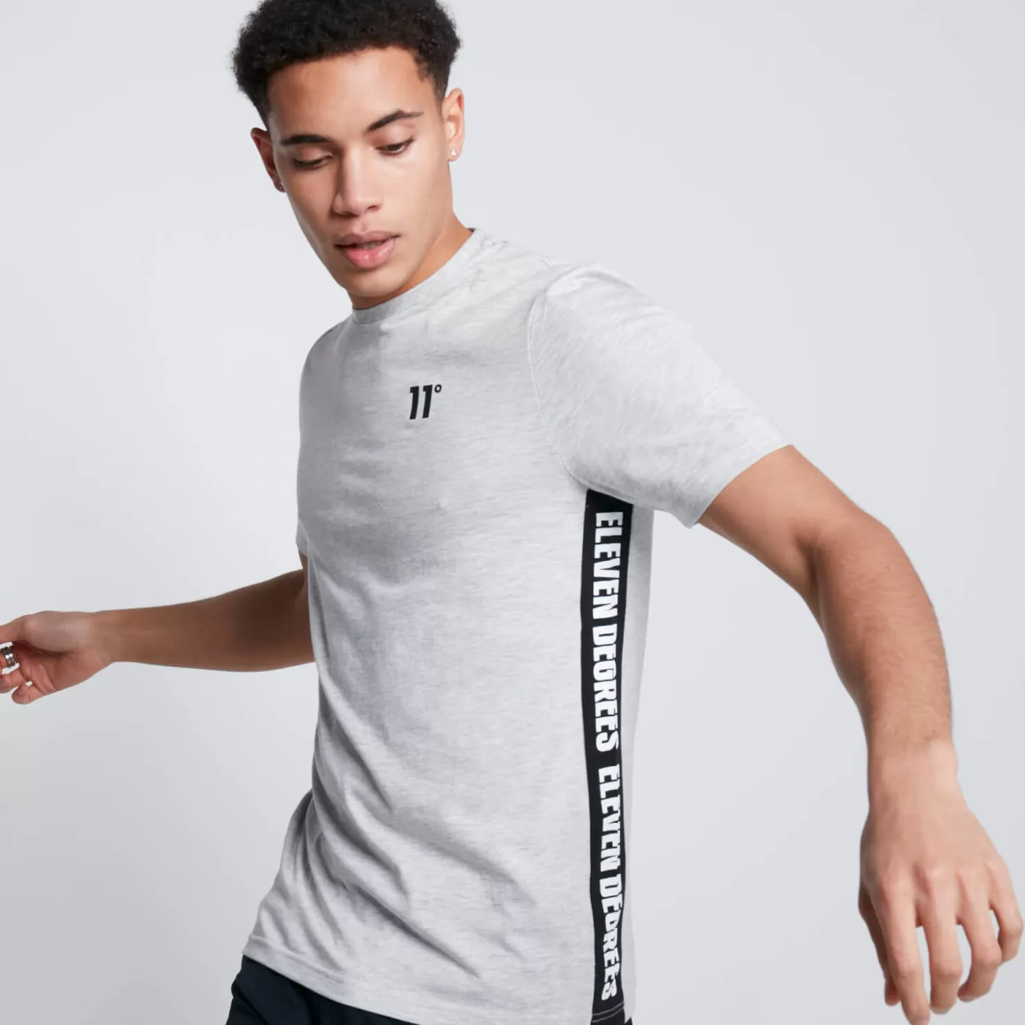 11 Degrees T-Shirts&lt;Text Panel Cut And Sew Short Sleeve T-Shirt – Grey Marl/Black
